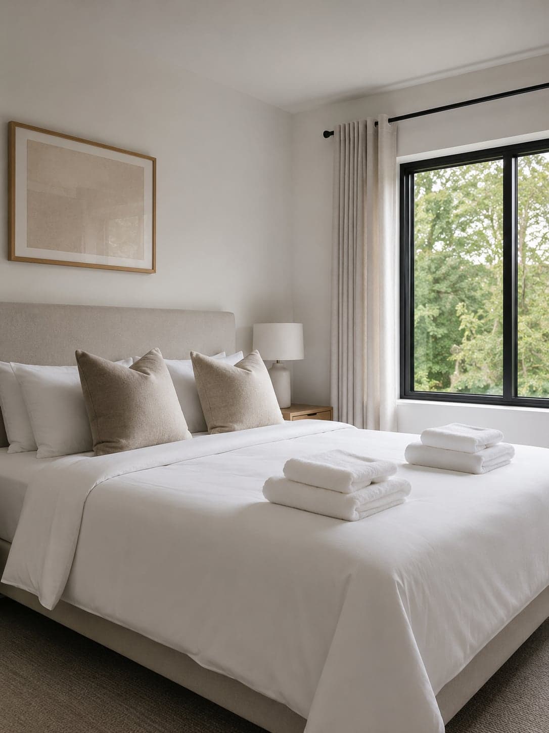 Chambre préparée, lit fait et serviettes disposées